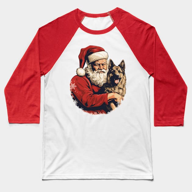 Merry Christmas Retro Santa Claus Hug German Shepherd Puppy Baseball T-Shirt by Pro Design 501